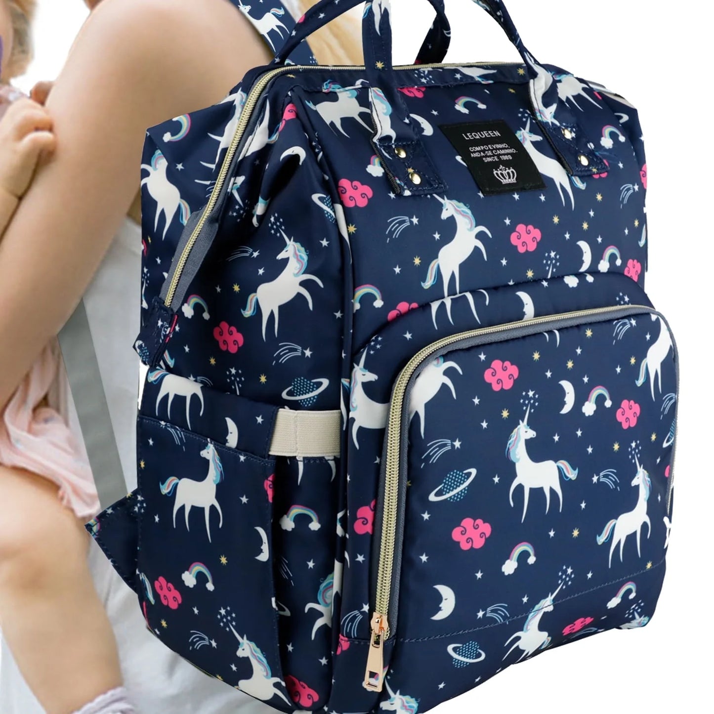 Unicorn Mommy Baby Diaper Bag Backpack for Boy & Girl, Insulated Pocket Changing Nappy, Navy