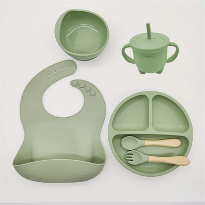 Children'S Dishes Set Baby Silicone 6/8-Piece Tableware Set Suction Cups Forks Spoons Bibs Straws Cups Mother and Baby Supplies