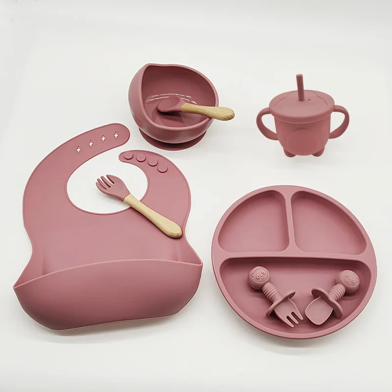 Children'S Dishes Set Baby Silicone 6/8-Piece Tableware Set Suction Cups Forks Spoons Bibs Straws Cups Mother and Baby Supplies