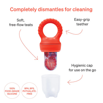 Love Noobs Baby Fruit Feeder, Bpa-Free Baby Fruit Feeder & Teether Set, 4 Extra Teats, Red