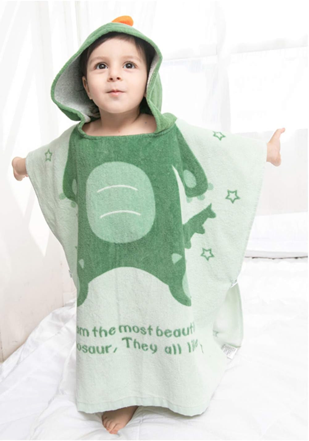 Kids Bath/Pool/Beach Hooded Poncho Towel-Cartoon Animal Pattern Cotton Beach Towel for Baby and Kids (Army Green Dinosaur, 5-9 Years/Height:43.3"-51.2")