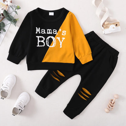 2T Baby Boys Clothes Baby Boys Outfits 2-3T Boys Letter Print Long Sleeve round Neckline Tops Ripped Pants 2PCS Set Black