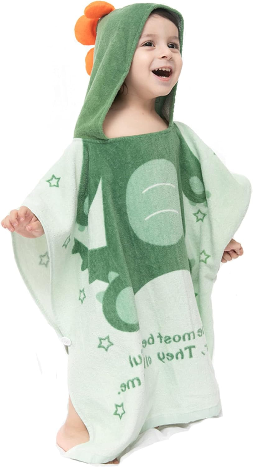 Kids Bath/Pool/Beach Hooded Poncho Towel-Cartoon Animal Pattern Cotton Beach Towel for Baby and Kids (Army Green Dinosaur, 5-9 Years/Height:43.3"-51.2")