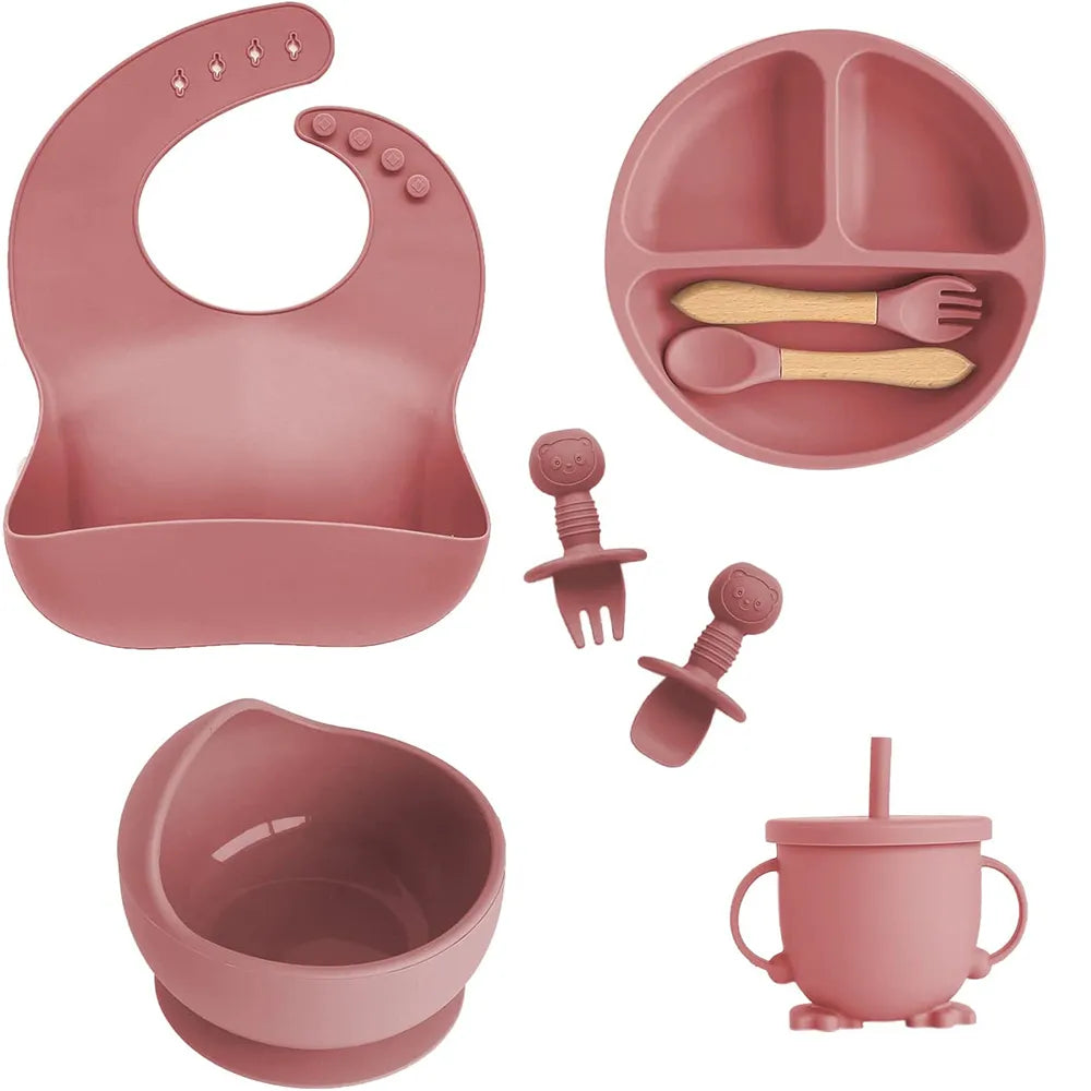 Children'S Dishes Set Baby Silicone 6/8-Piece Tableware Set Suction Cups Forks Spoons Bibs Straws Cups Mother and Baby Supplies