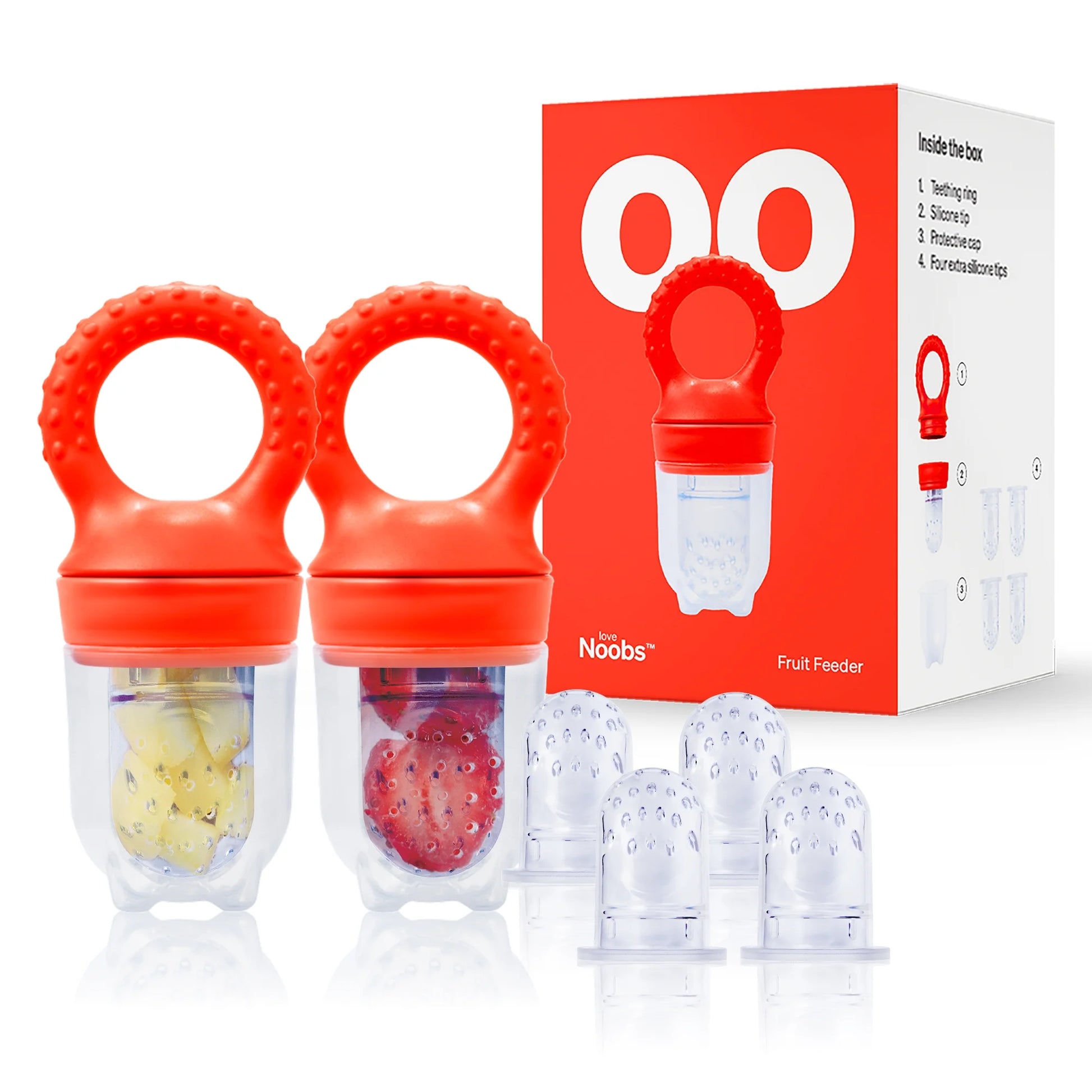 Love Noobs Baby Fruit Feeder, Bpa-Free Baby Fruit Feeder & Teether Set, 4 Extra Teats, Red