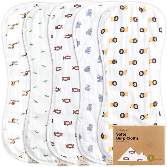 5-Pack Muslin Burp Cloths for Baby Boys and Girls - Super Absorbent Baby Burp Cloth, Viscose Derived from Bamboo Cotton Baby Washcloths, Burp Rags, Large Neutral Burp Clothes for Newborn (The Wild)