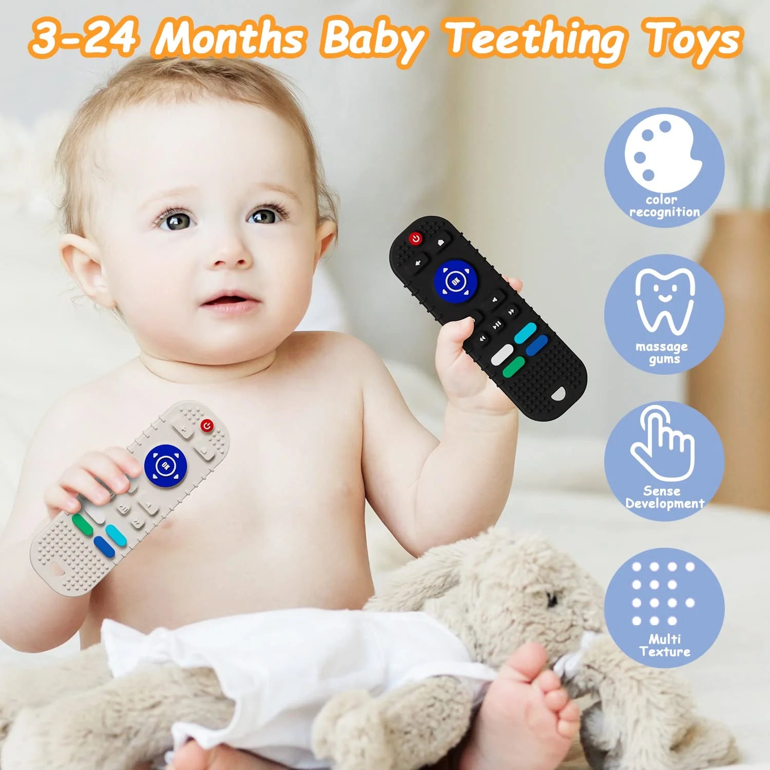 2 Pack Soft Silicone Baby Teething Toys for Toddlers, Teething Toys for Babies 6-12 Months - Boys Girls Baby Chew Toys Set, Remote Control Shape Teething Toys Gift（Black+Grey）