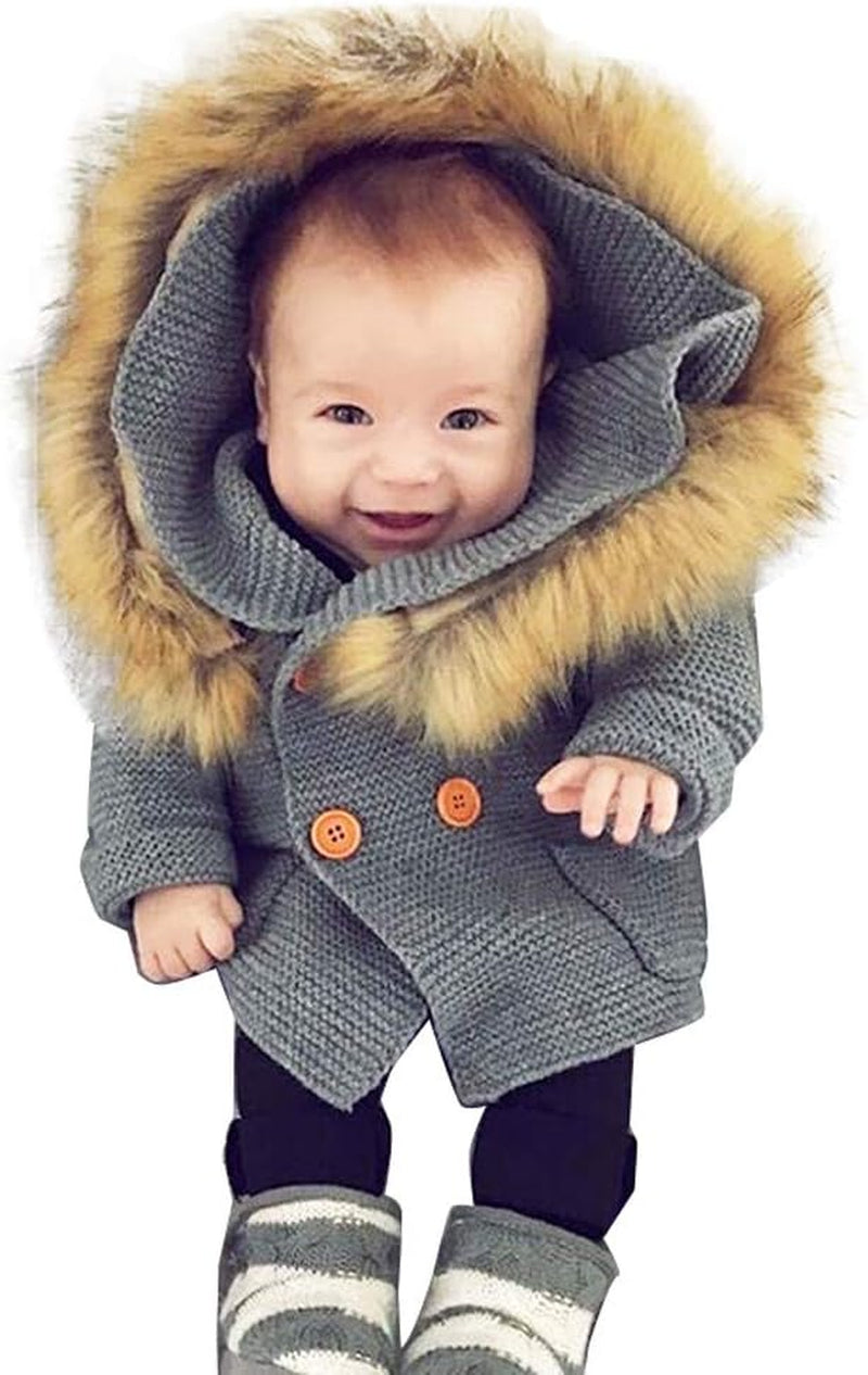 Infant Baby Boys Girls Knitted Cardigan Coat Fall Winter Clothes 0-2 Years Old,Toddler Fur Collar Hooded Warm Top