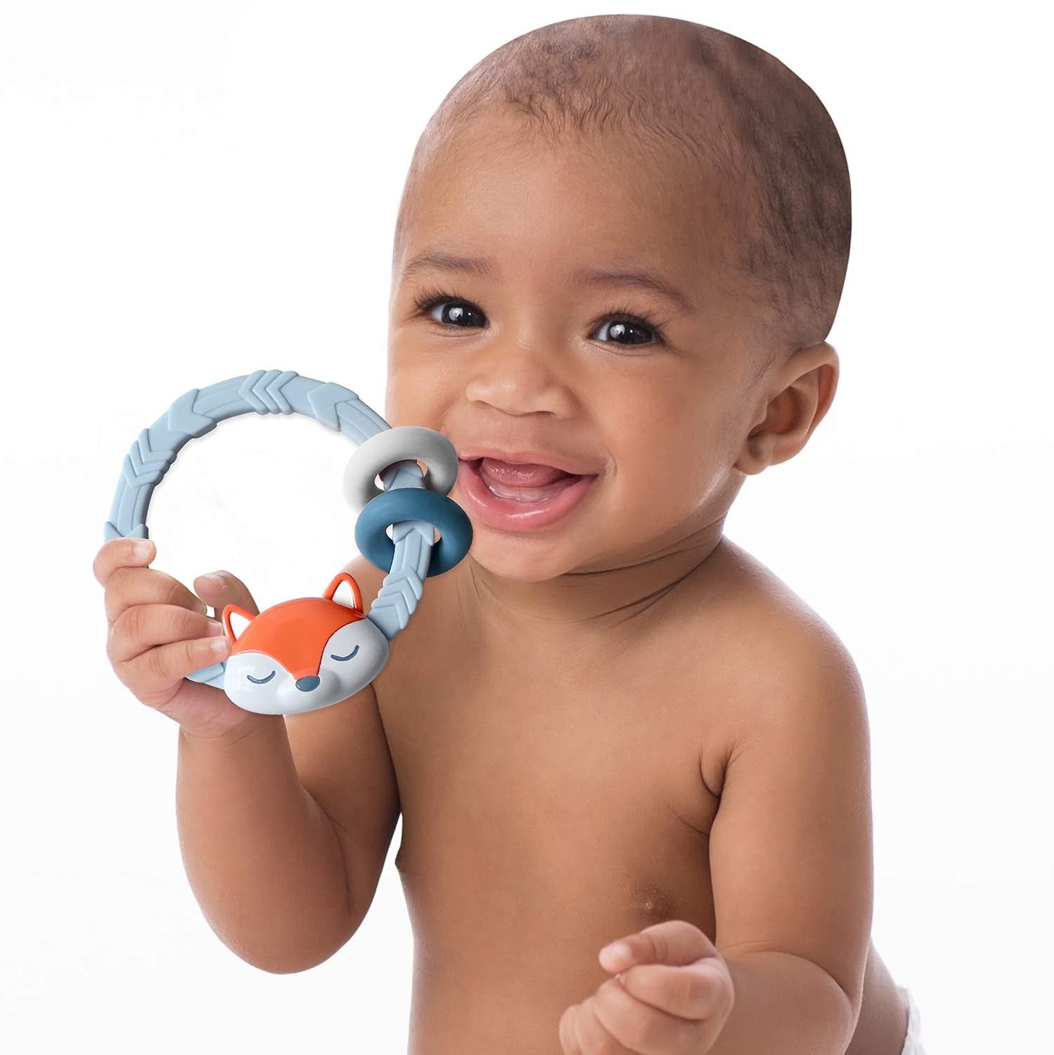 Silicone Teether with Rattle; Rattle Teether Features Rattle Sound, Two Silicone Teething Rings and Raised Texture to Soothe Gums; Ages 3 Months and up (Fox)