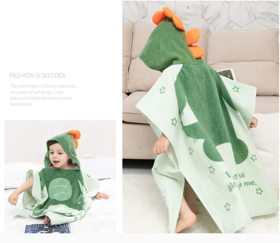 Kids Bath/Pool/Beach Hooded Poncho Towel-Cartoon Animal Pattern Cotton Beach Towel for Baby and Kids (Army Green Dinosaur, 5-9 Years/Height:43.3"-51.2")