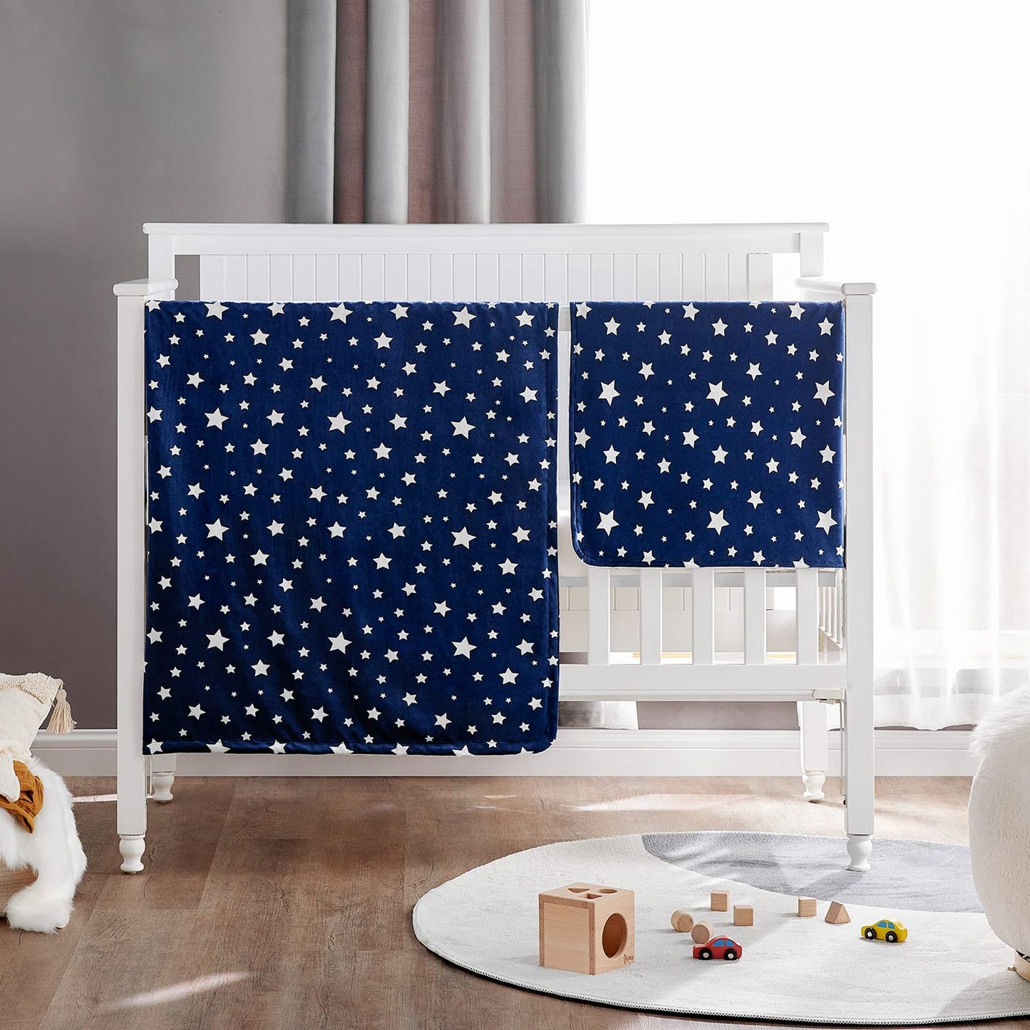 Silky Micro Soft Plush Baby Blankets Unisex with Print Star Pattern and Soothing Raised Dots, Double Layer Bed Throws for Baby Crib, Star, Navy, 30X40 Inches