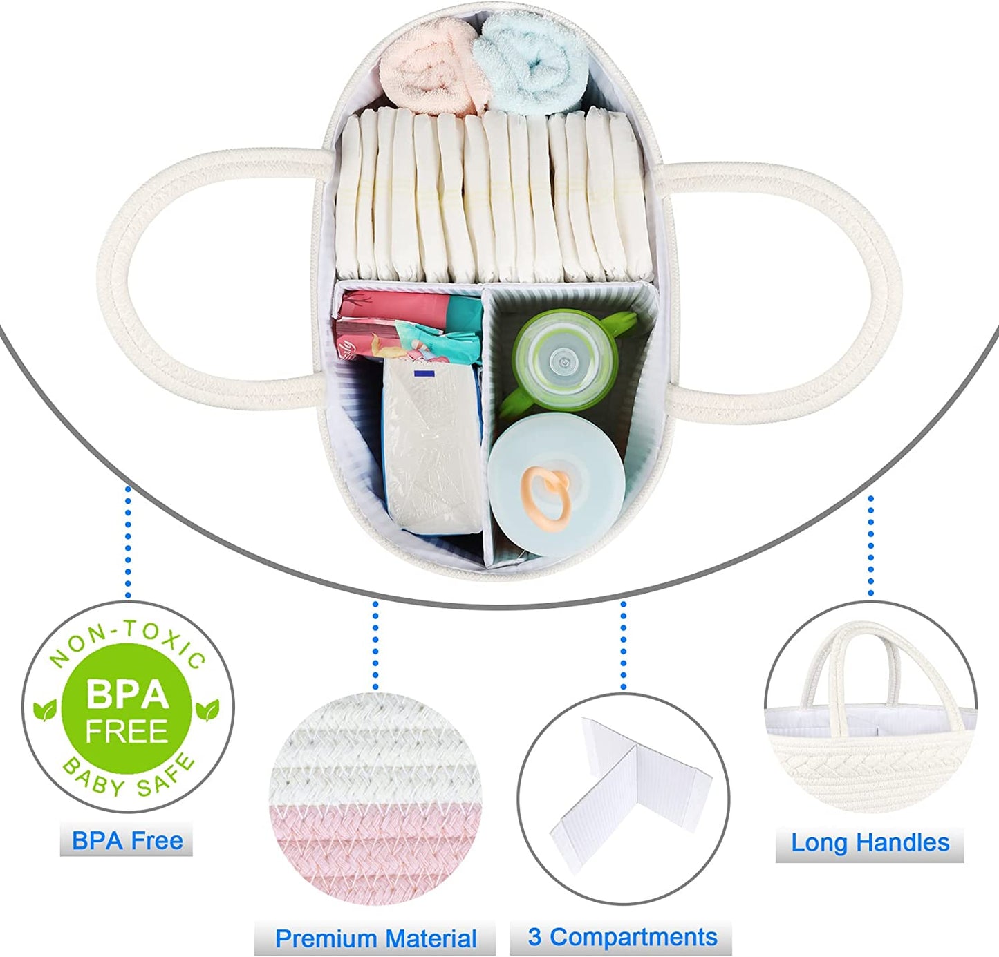 Baby Diaper Caddy, Nursery Storage Bin and Car Organizer for Diapers Wipes, Cotton Rope Basket Changing Table Caddy