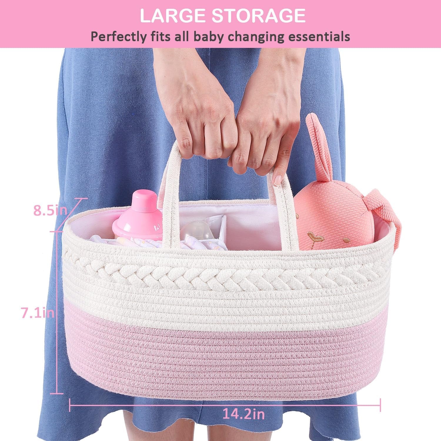 Baby Diaper Caddy, Nursery Storage Bin and Car Organizer for Diapers Wipes, Cotton Rope Basket Changing Table Caddy