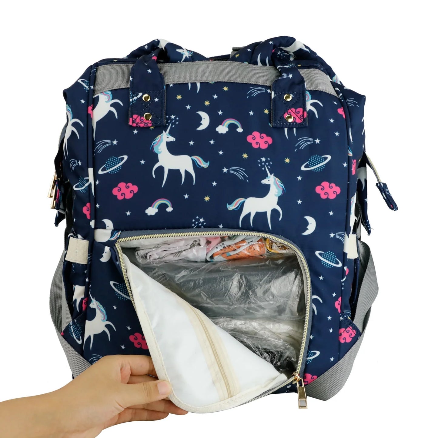 Unicorn Mommy Baby Diaper Bag Backpack for Boy & Girl, Insulated Pocket Changing Nappy, Navy